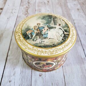 French Style Metal Chocolate Box Cookie Tin Round Can w Lid Bougie Family Scene